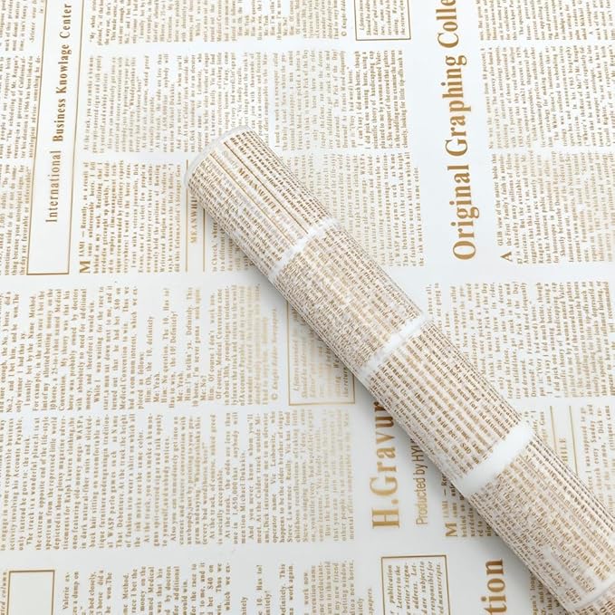 LeZakaa 20 Sheets Newsprint Flower Wrapping Paper, Waterproof Floral Bouquet Paper, White & Gold Newsprint Design for Valentine's Day, Mother's Day, Birthday Party, Bridal Shower, Wedding, Baby Shower