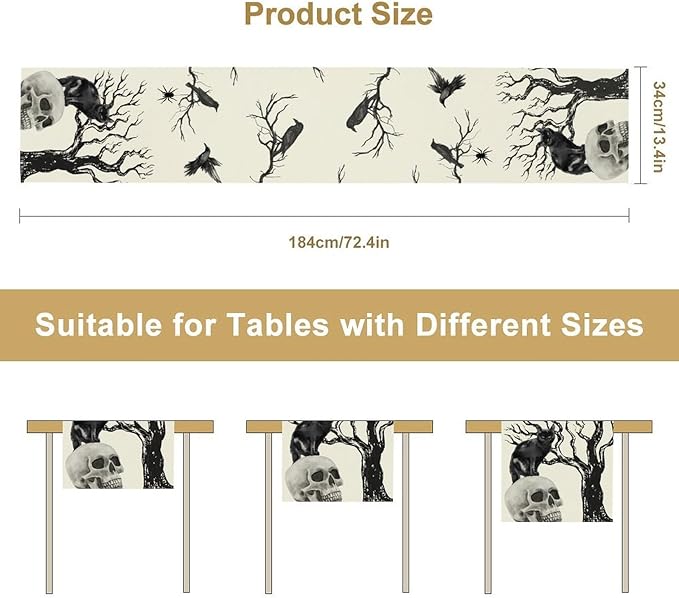 Gothic Table Runner, Black Cat Day of Death Crow Skull Halloween Witchy Retro Coffee Table Center Decor for Home Kitchen Dining Patio Holiday Party Table Decorations 13x36 inches