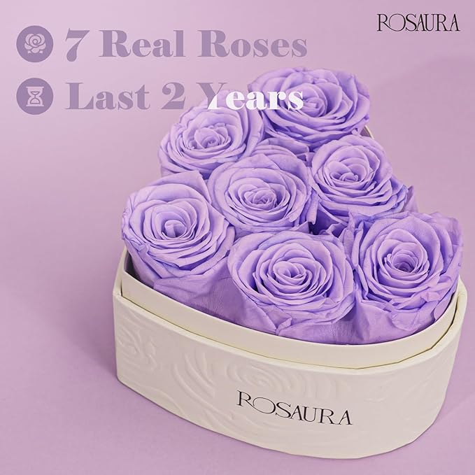 Rosaura Heart-Shaped Preserved Roses Gift Box - Real Forever Flowers for Birthday, Valentine's & Mother's Day (Light Purple, 7 Roses)