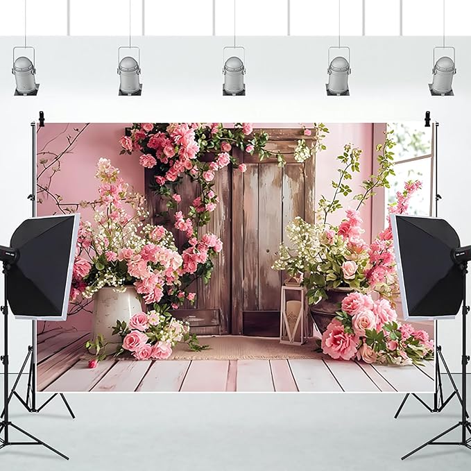 AOTOFO 8x6ft Rustic Wood Floral Backdrop for Baby Shower Newborn Studio Picture Photography Wooden Door Pink Flower Wall Background Wedding Bridal Shower Birthday Party Photoshoot Booth Banner