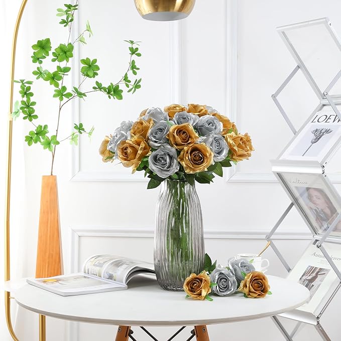 Tifuly Roses Artificial Flowers - 12 pcs Realistic Long Stems Fake Roses Mashup Style Silk Flowers for DIY Bouquets Wedding Centerpieces Arrangements Home Party Decor（Gold & Sliver）