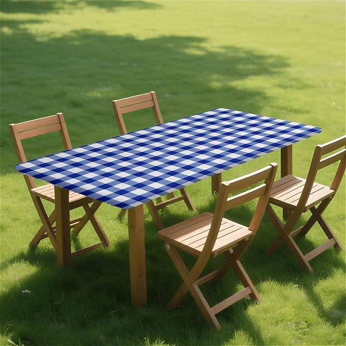 Rectangle Table Cloth Cover Waterproof Elastic Fitted Polyester Fitted Tablecloths for 6 Foot Tables for Indoor,Picnic, Camping, Outdoor （60" x 30"，Blue Grid）