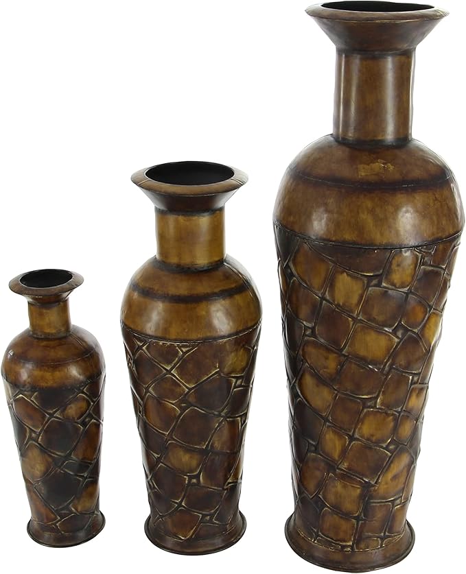 Deco 79 Metal Decorative Vase Indoor Outdoor Tall Floor Bottleneck Centerpiece Vases with Tortoise Shell Pattern, Set of 3 Flower Vases for Home Decoration 50", 35", 26"H, Brown