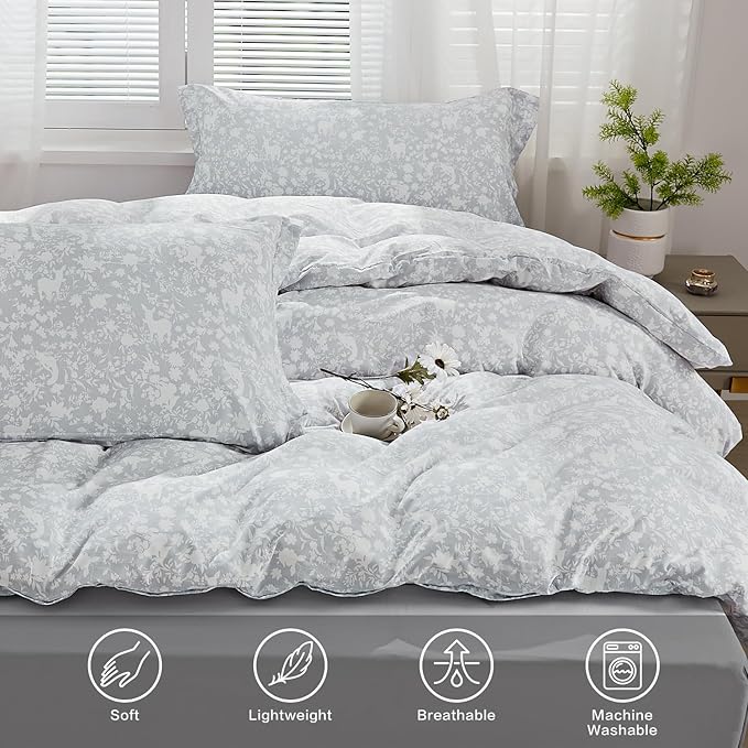 SAPHREAS Silver Grey Duvet Cover Queen 3pcs Soft Microfiber Botanical Plants Printed Pattern Gray Comforter Cover Set with Zipper Ties 1 White Floral Animal Cover 2 Pillow Shams (No Duvet Insert)