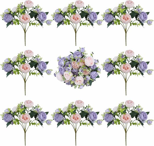8 Bundles Peonies Artificial Flowers Silk Peonies Faux Flowers Fake Peonies Artificial Flowers Peonies Bouquet for Table Centerpieces Decoration Wedding Decor Home Party Decor (Pink and Purple)