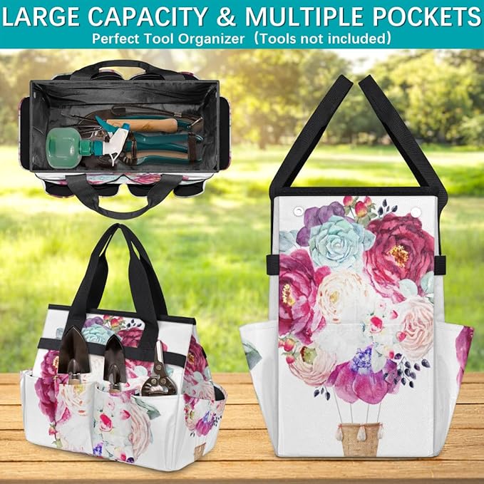 Garden Tool Tote Bag for Women Men Flower Bouquet Gardening Tool Storage Bags with 10 Pockets Standable Garden Home Tool Kits Organizer for Indoor Outdoor Gardening Gifts