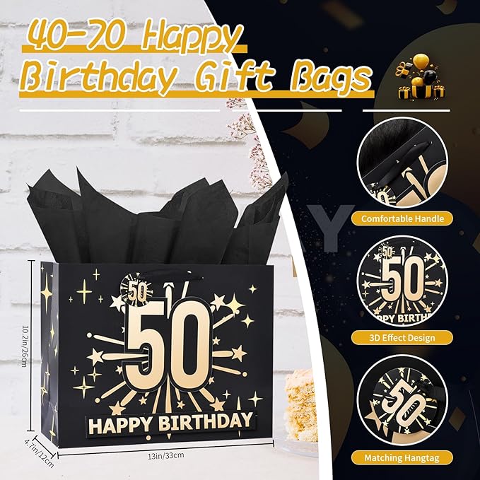 Bloomwords 70th Birthday Gift Bag Set with Card & Tissue – 13" Elegant Keepsake Party Bags for Unisex Anniversaries, Gift Wrapping & Celebrations