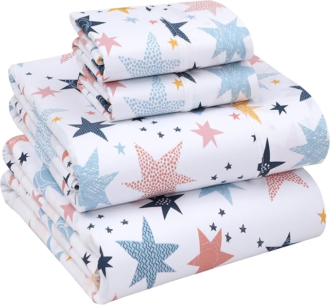 RUVANTI 100% Cotton Full Size Bed Sheets, 4 Pieces, Soft & Breathable Percale Weave Bedding, Deep Pocket 16", Hotel Standard, Crisp Cool Feel, Durable, Perfect Sheet Set Floral, Fault Star