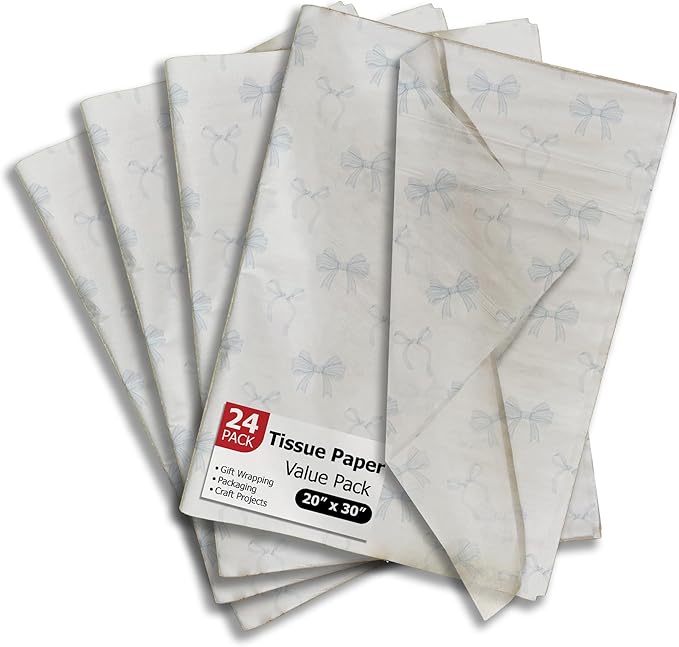 Pro Supply Global Blue Bows Printed Tissue Paper for Gift Bags or Boxes and Wrapping - Bulk Decorative Art Tissue Paper for Packaging and Gifting | 24 Sheets 20" x 30"