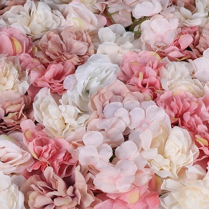 6 Pcs Artificial Silk Flower Wall Panel, Autumn Dahlia Rose Hydrangea Floral Backdrop for Wedding Photography Party Home Decor（15.75x23.62 inches）