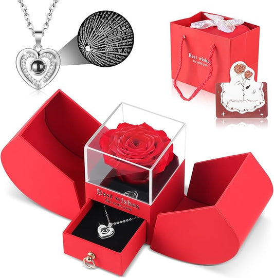Preserved Red Forever Rose Heart Necklace Gift Box, Eternal Flowers "I Love You" Projection Jewelry for Women, Romantic Christmas Valentines Day Anniversary Birthday Gift for Her(Wife Girlfriend Mom)