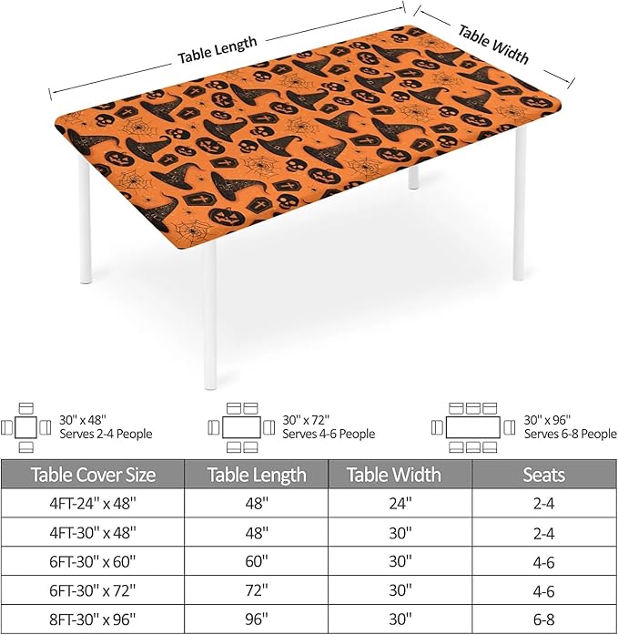 Rectangle Table Cloth Cover Waterproof Elastic Fitted Polyester Fitted Tablecloths for 6 Foot Tables for Indoor,Picnic, Camping, Outdoor （60" x 30"，Halloween Tablecloth）