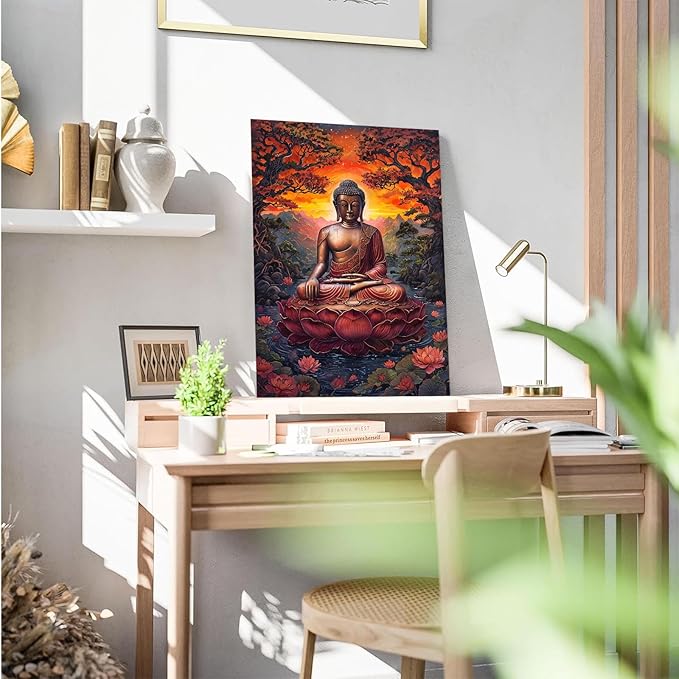 Golden Buddha on lotus seat serene meditation statue amidst lush trees flowing water and sunrise light spiritual home art for a tranquil decor 12x18in Wood Framed