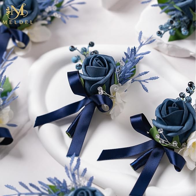 Meldel Blue Boutonniere for Men Wedding, Set of 6, Groom Groomsman Guest Boutonnieres Wedding Decor Artificial Flowers Corsage for Wedding Ceremony Formal Dinner Prom Party Decoration