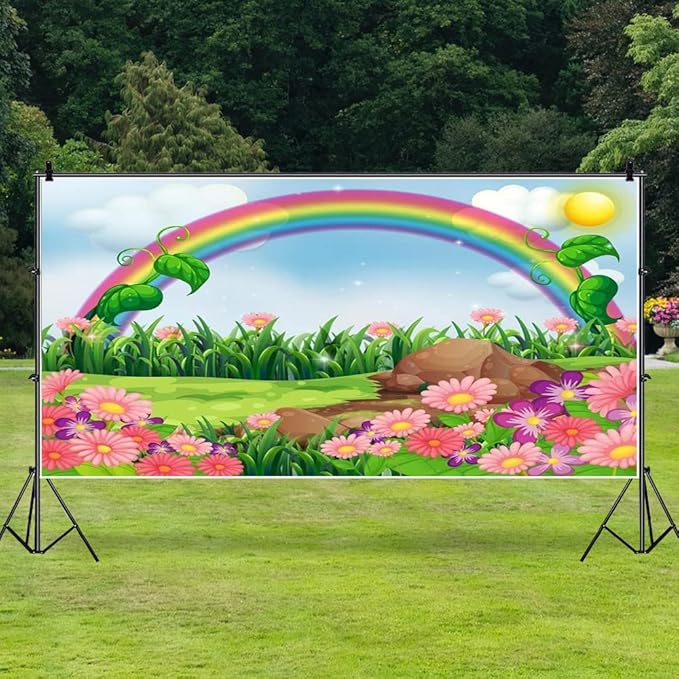 AOFOTO 20x10ft Cartoon Spring Flowers Rainbow Backdrop Meadow Sweet Floral Blossom Sky Sun Enchanting Garden Scenery Background for Kids Baby Shower Birthday Party Decor Wallpaper Photoshoot Props