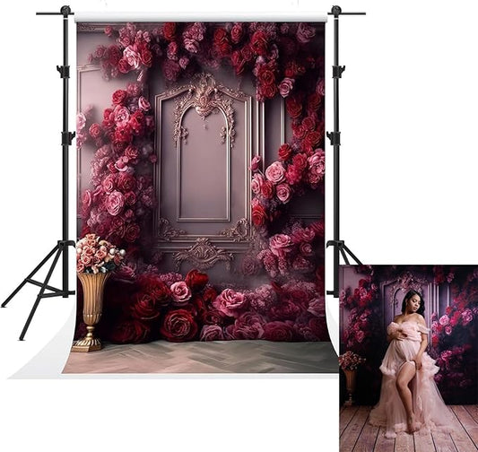 Kate 6.5x10ft Pink Red Rose Flowers Decoration Photography Backdrops Modern Interior European Style Wall Photo Background Wedding Portrait Backdrop Shooting