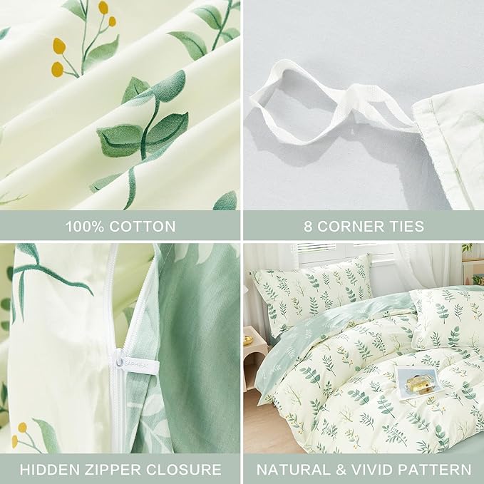 SAPHREAS Botanical Duvet Cover Set Queen Size 3pcs Beige 100% Cotton Bedding Green Leaves Bedding Comforter Cover Set 1 Duvet Cover 2 Pillow Shams, Comforter Not Included
