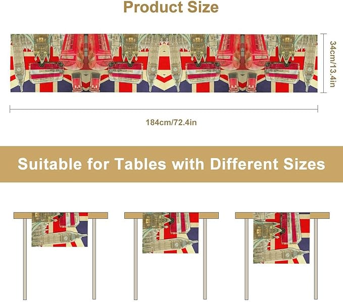 British Table Runner, Seasonal Vintage Buildings England London Culture Element Coffee Table Center Decor for Home Kitchen Dining Patio Holiday Party Table Decorations 13x36 inches