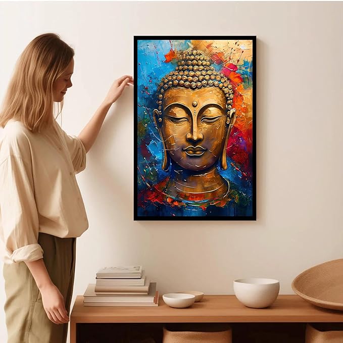 Golden Serenity Buddha Vintage Painting Wall Art Spirituality and Modern Art Wall Decor Adds Brilliance to Vibrant Home Decor 12x18in Metal blackFramed