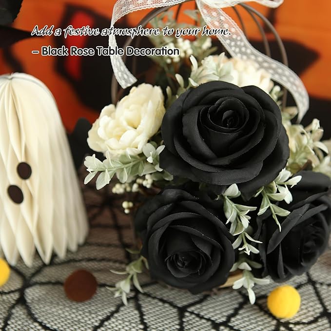 Felice Arts 12 Pack Black Roses Artificial Flowers with Black Stems Silk Roses Fake Flowers Bouquet for Halloween Centerpiece Table Vase Home Inddor Kitchen Party DIY Decor