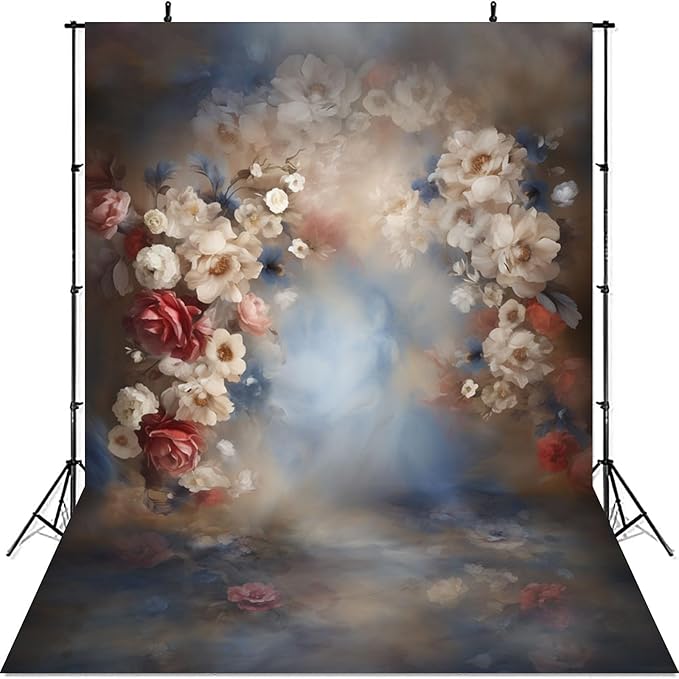 Mocsicka Abstract Floral Backdrop for Photography Retro Blue and Brown Spring Watercolor Painting Floral Background Newborn Baby Shower Princess Girls Portrait Decoration Backdrop (10x8ft)