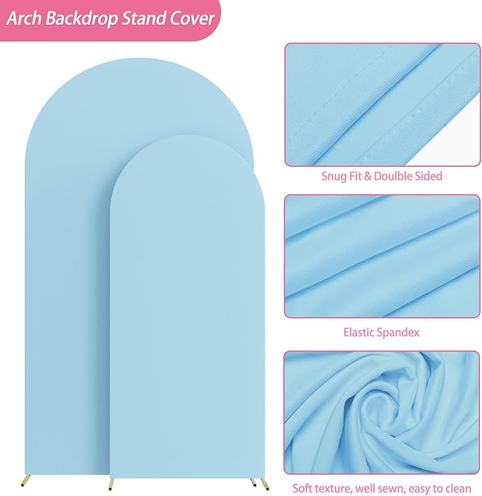 Putros Metal Arch Stand with Cover Set of 2 Dusty Blue Spandex Fitted Wedding Arch Cover and Round Top Chiara Backdrop Stand for Birthday Party Baby Shower Decoration 7.2FT, 6FT