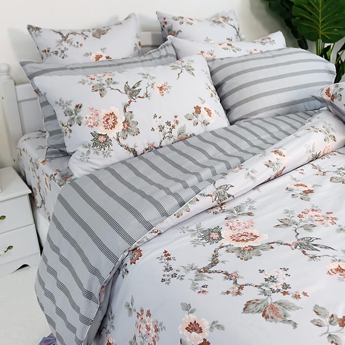FADFAY Duvet Cover Set Elegant Floral Bedding Shabby Grey Bird Flower Quilt Cover Set Vintage Farmhouse Bedding 100% Cotton Comforter Cover Set with Zipper Closure 3Pcs, King/California King Size