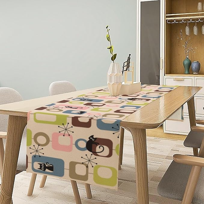 Mid Century Modern Black Cat Table Runner,Table Runners for Kitchen Dining Modern Tables Decor Decoration for Kitchen Family Dinner Table Holiday Party Farmhouse 13 x 70 Inch Pink