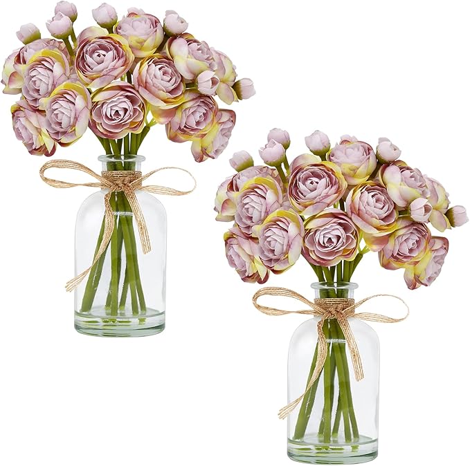 Ranunculus Artificial Flowers with Vase, 2 Pack - 8 Pcs Faux Silk Ranunculus Flower in Vase, Small Flowers Arrangements for Home Decor Indoor, Table Centerpiece. (Lilac)