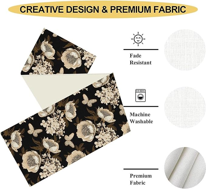 Boho Floral Table Runner, Retro Bohemian Abstract Flower Leaves Black Gothic Print Table Center Decor for Family Kitchen Table Decorations Indoor Outdoor 13x72 inch
