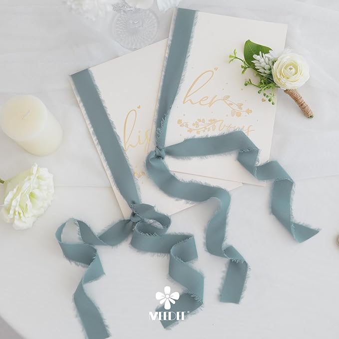 MEEDEE Slate Blue Chiffon Ribbon 1 Inch Fringe Ribbons Dusty Blue Chiffon Silk Frayed Edge Ribbon Thin Chiffon Ribbons for Crafts, Gift Wrapping, Wedding Invitation (3 Rolls 21 Yards)