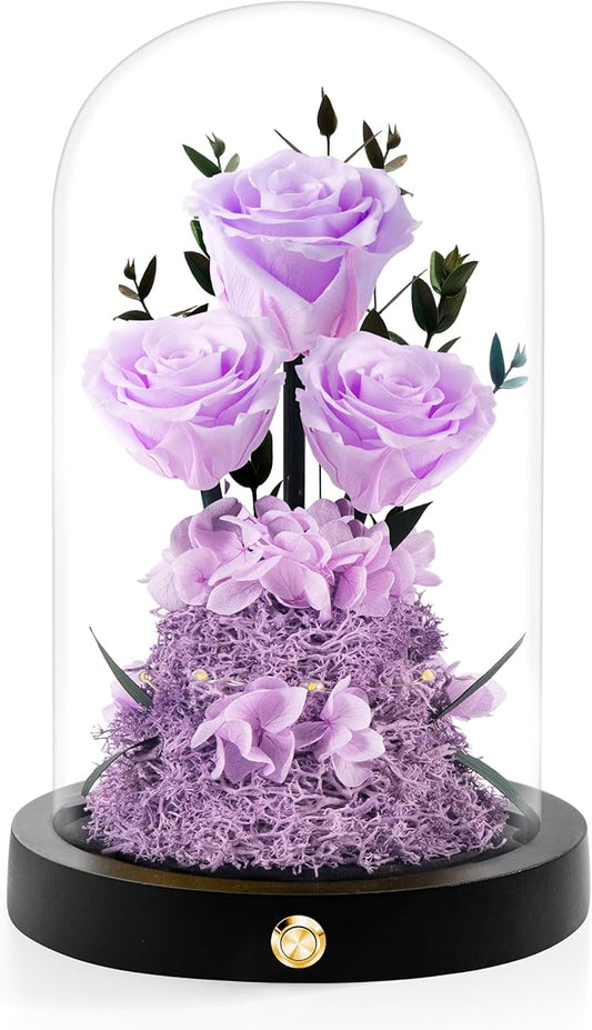 Christmas Flowers Roses Gifts for Mom,Forever Real Preserved Roses in Glass Dome,Christmas Anniversary Thanksgiving Gifts for Wife Girlfriend Women Best Friend Grandma/Light Purple