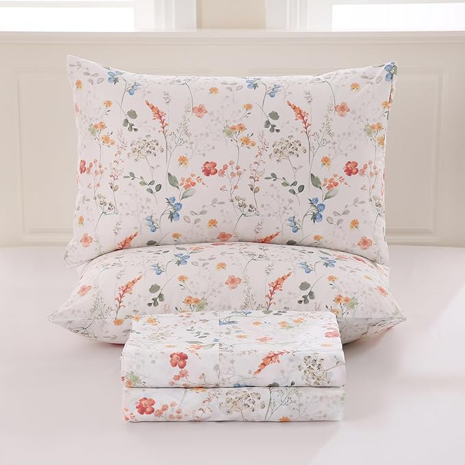 Zusbest Queen Sheet Set Floral Patterned 100% Percale Cotton Orange Blue Flower Sheets Set Green Botanical Printed on White Deep Pocket Fitted Sheets, Crisp Soft Breathable for Hot Sleepers, 4 Pcs
