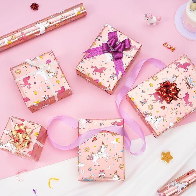 WERNNSAI Unicorn Gift Wrapping Paper Roll - 1 Roll 17” x 33 ft Baby Girl Pink Wrapping Paper for Kids Unicorn Birthday Party Decor Supply, Reversible Metallic Foil Dots Design Dream Princess Style