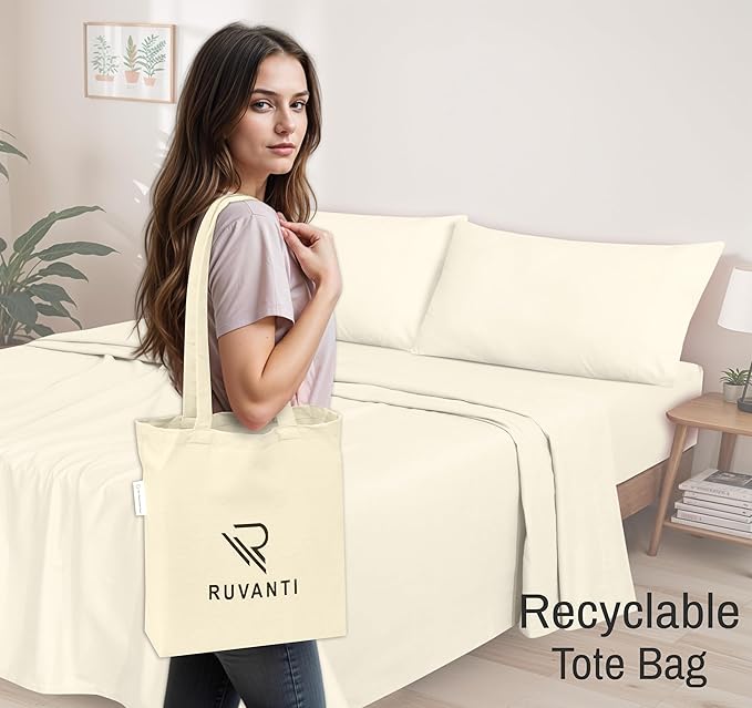 RUVANTI Flannel Sheets Full Size - GOTS Certified 100% Organic Cotton, 4 Piece Warm, Soft & Breathable Set, Deep Pocket Snug Fit, Double Brushed Cozy All Season Bedding, Winter White
