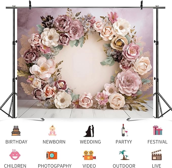 15x8ft Wedding Backdrop Purple Pink Floral Theme Photography Background White Flower Garland Green Leaves Bridal Shower Banner Decorations Girls Birthday Party Baby Portrait Photo Booth Prop
