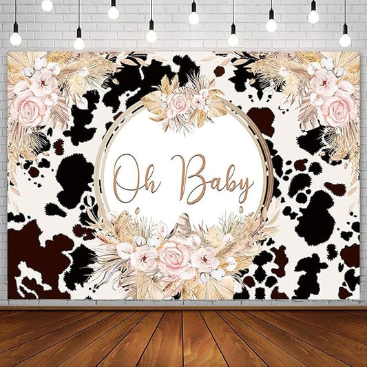 10x7ft Boho Holy Cow Baby Shower Backdrop Oh Baby Black and White Cow Print Bohemia Pink Floral Pampas Grass Photography Background Farm Theme Party Decoration Banner Supplies Photo Studio Prop
