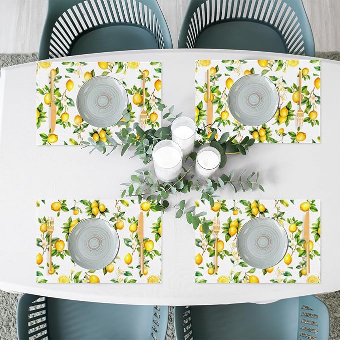 Lemon Tropical Summer Placemats Set of 6 PVC Vinyl Non Slip Table Mats Waterproof Heat Resistant Place Mats Washable Wipeable Dining Table Mat for Kitchen Party Indoor Outdoor Decorative