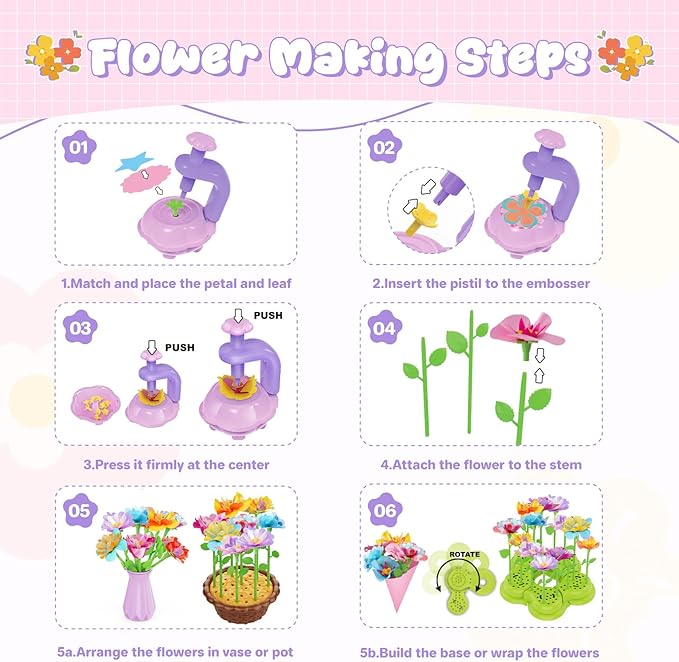 FUNZBO Fabric Flower Bouquets Toys Craft Kit, DIY Arts and Crafts for Kids Ages4-6, Flower Making Toys for 4 5 6 7 8+Year Old Girl Christmas Birthday Gifts, Creative Activity Craft flowers fot Toddler