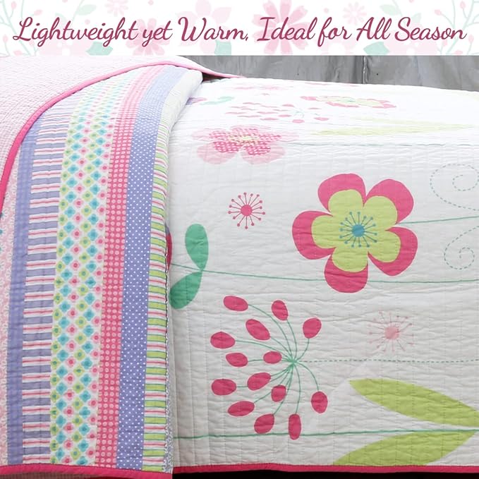 Cozy Line Home Fashions Pink Lavender Green Floral Print Girl 100% Cotton Reversible Quilt Bedding Set, Coverlet, Bedspread (Blossom, Queen - 3 Piece)