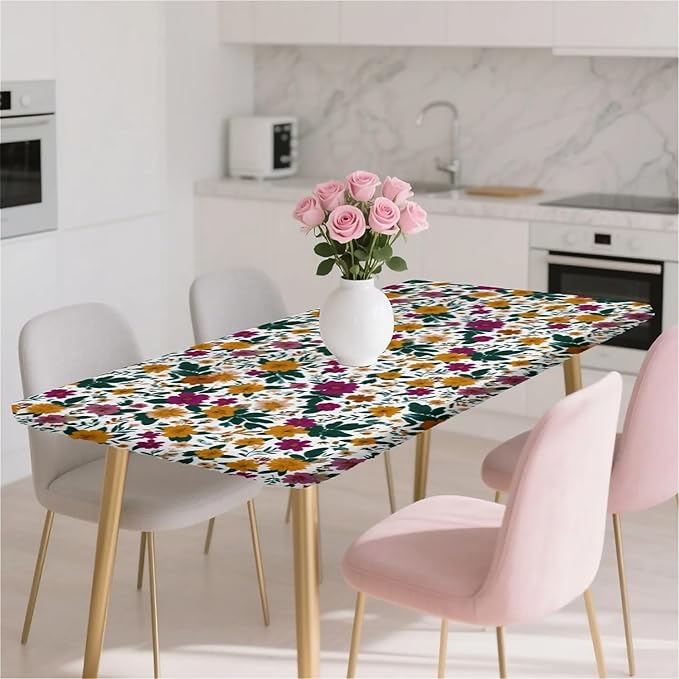 Rectangle Table Cloth Cover Waterproof Elastic Fitted Polyester Fitted Tablecloths for 4 Foot Tables for Indoor,Picnic, Camping, Outdoor （48" x 30"，Floral Print）