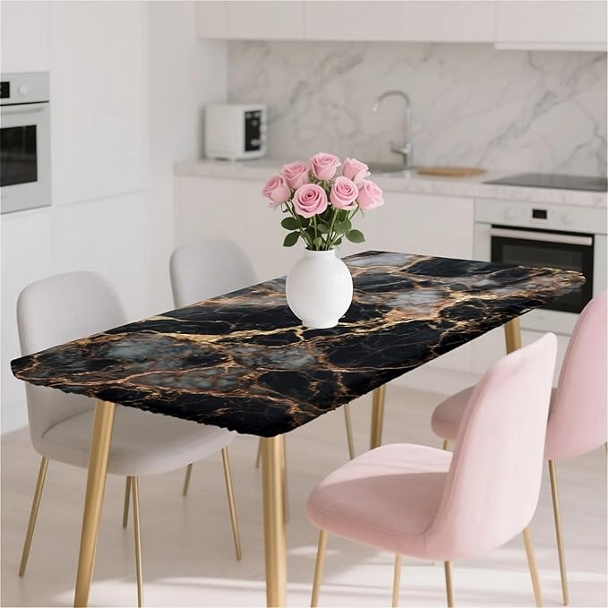 Rectangle Table Cloth Cover Waterproof Elastic Fitted Polyester Fitted Tablecloths for 4 Foot Tables for Indoor,Picnic, Camping, Outdoor （48" x 30"，Black Marble）