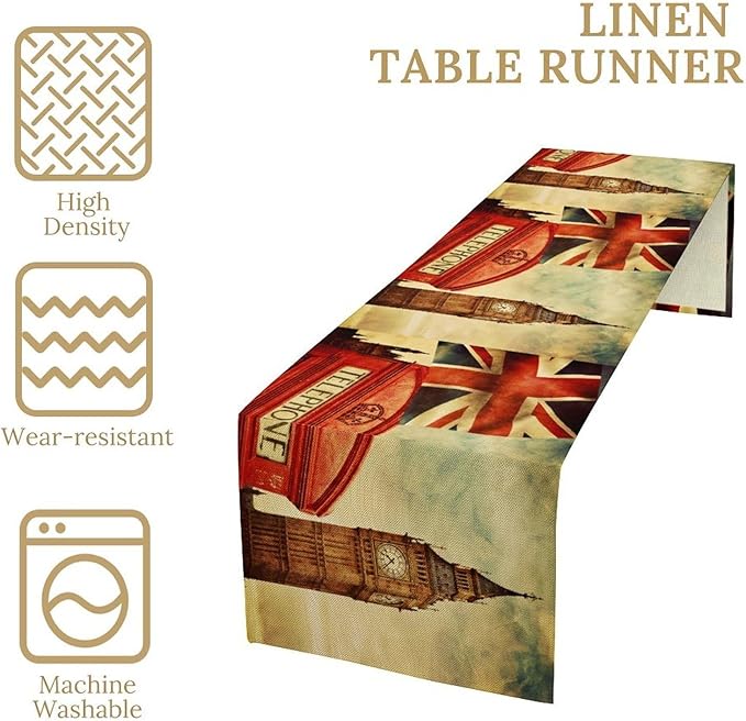 British Table Runner, Seasonal Vintage Buildings England London Culture Element Coffee Table Center Decor for Home Kitchen Dining Patio Holiday Party Table Decorations 13x108 inches