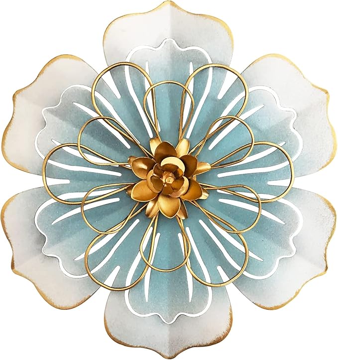 Metal Flower Wall Art Decor, 9.5”Rustic Modern Floral Sculpture, Distressed Iron Wall Hanging Home Decoration Accent Artworks for Indoor Kitchen Bedroom Living Office Outdoor Garden Patio-06 Blue Gold