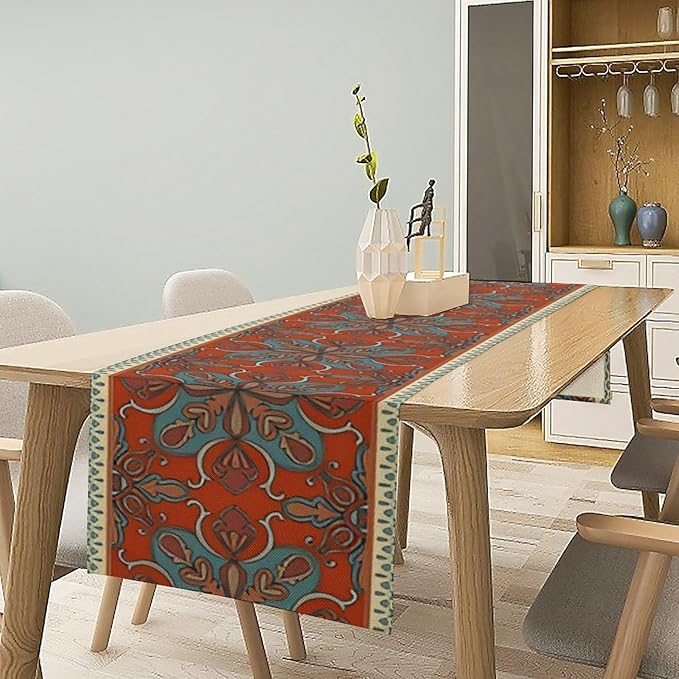 Boho Floral Table Runner, Burnt Orange Blue Traditional Ethnic Flower Vintage Farmhouse Table Runner for Kitchen Dining Wedding Party Decor, 13x36 Inch