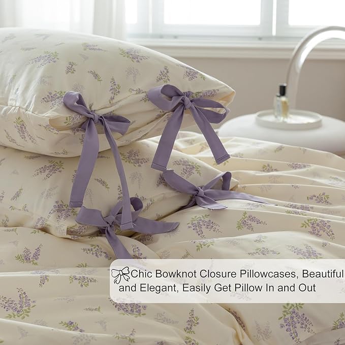 EAVD Lavender Floral Duvet Cover Queen Soft 100% Cotton Chic Lilac Floral Bedding Set with 2 Pillowcases Fresh Garden Botanical Duvet Cover with Zipper Closure