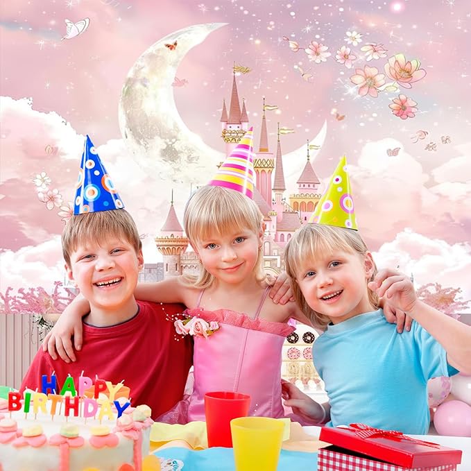 AOFOTO Castle Backdrop Princess Spring Pink Floral Moon Printed Fairy Tale Photography Background for Girl Birthday Baby Shower Party Banner Home Decor Wall Photo Studio Booth Props 7x5ft
