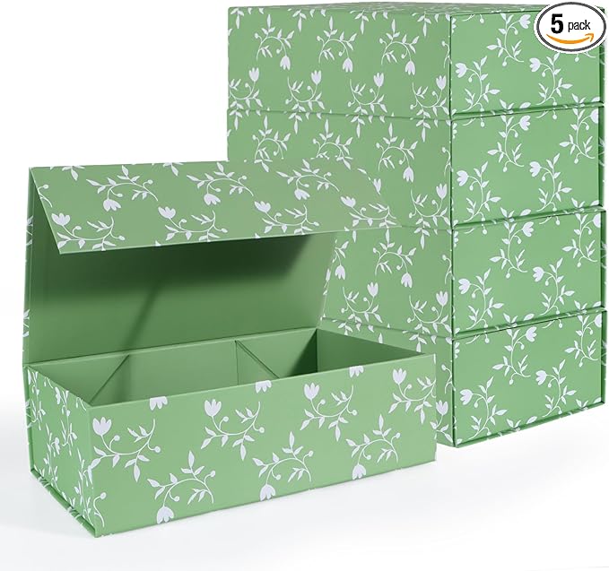 Green Leaves Gift Box with Magnetic Lids 13.8x8.3x4.4 in, Large Bridesmaid Proposal Boxes, Rectangle Wedding Decorative Storage Box 5 Pack