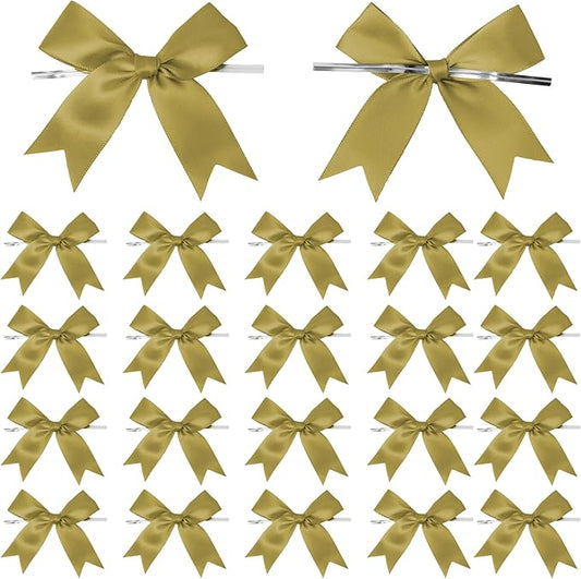 50 Counts Gold Twist Tie Bows 3.1" Pre-Tied Satin Ribbon Bow Decor Mini Twist Tie Bows for Gift Wrapping Treat Bags Cake Bridal Baby Shower Birthday Party Favors Wedding Decorations
