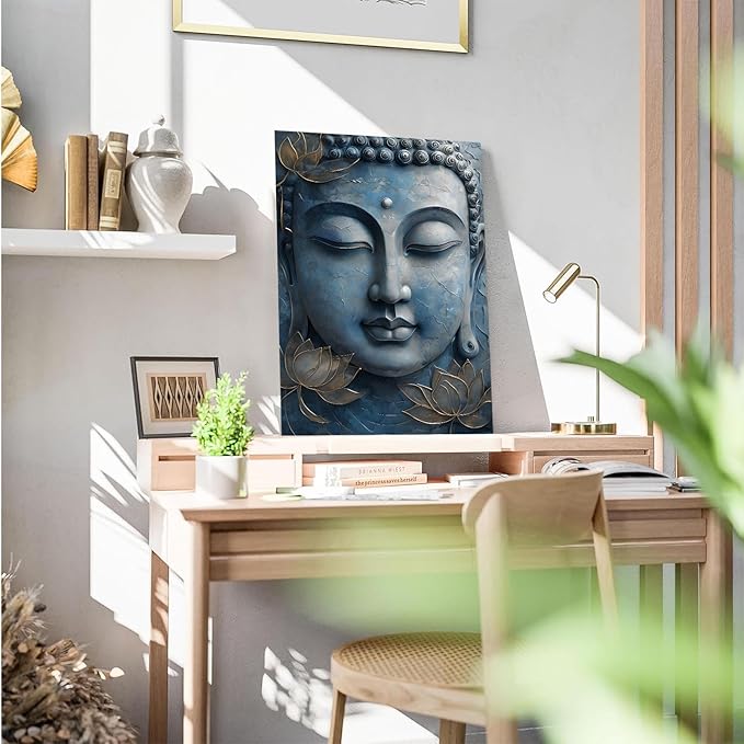Canvas wall art Golden lotus crown Serene Buddha poster Ethereal blue toned art with delicate floral decor Zen wall art for a tranquil meditation space 16x24in Frameless